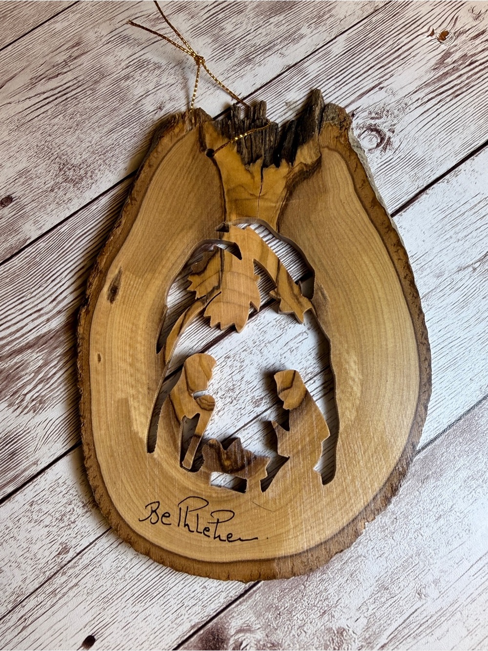 Olive Wood Slice 'Bethlehem' Nativity Ornament - Natural Brown